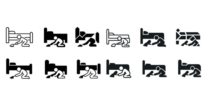 Various stick figures searching under beds in different styles and perspectives