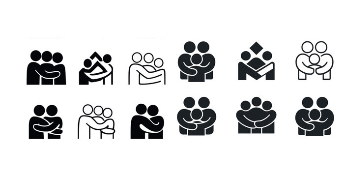 Set of minimalist human figure icons embracing in various styles