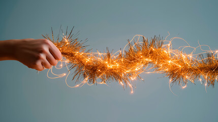 Obraz premium A hand pulling a string of gold Christmas tinsel against a light blue background