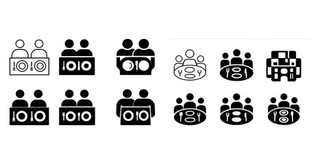 Dining icon set: minimalist symbols of people eating at tables