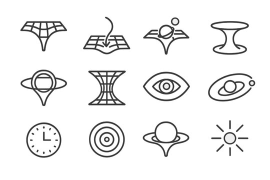 Space-Time Curvature Icons. Space-time curvature. Line icon set of space-time curvature: gravity grid, curved arrow, planet bending light, black hole, wormhole