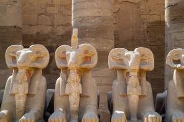 Egypt, Luxor, 02.01.2022  Karnak temple, alley of the ram-headed sphinxes.
