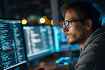 A software developer sits at a desk late at night, intensely concentrating on coding. Multiple screens show various programming languages while city lights shine through the window