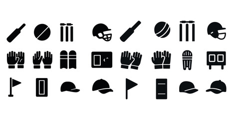 Cricket and baseball equipment icons set in black silhouette style