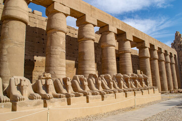 Egypt, Luxor, 02.01.2022  Karnak temple, alley of the ram-headed sphinxes.