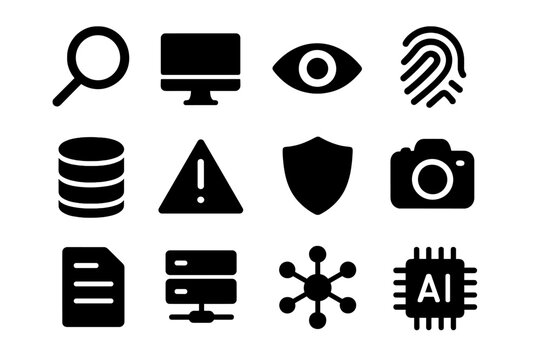 Digital Forensics Icons. Digital forensics. Solid icon set of Digital forensics: magnifying glass, computer, eye, fingerprint, database, alert, shield, camera,