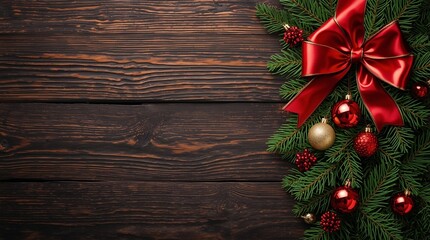 Festive Christmas composition with red satin bow, shiny ornaments and evergreen branches on dark rustic wooden background, elegant holiday decoration layout with space for text