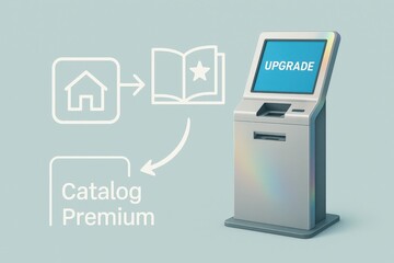 Interactive upgrade kiosk for premium catalog access, featuring sleek design and user friendly interface, embodying modern technology and digital convenience