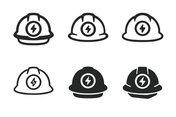 Efficient Mining Energy Icons. Efficient energy use in mining industries. Icon set. Set Logo of efficient energy use in mining industries: helmet lamp glowing