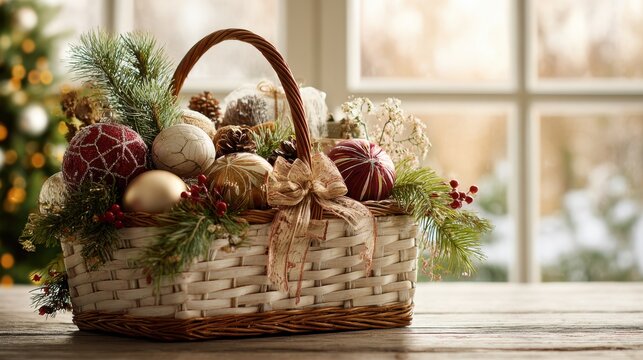 Wicker basket filled with festive holiday decorations on a wooden table by a window