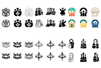 Abstract musical instruments and human figures in various artistic styles