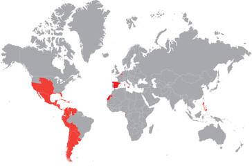 Obraz premium The Spanish Empire on the World Map, Countries Colonized by Spain Editable Vector Map