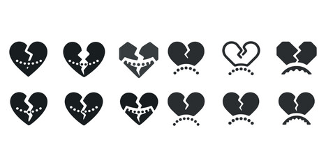 Black and white broken heart icons with facial expressions