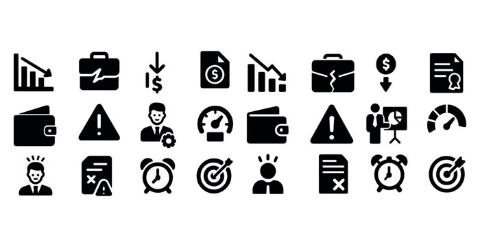 Business crisis and finance icons: decline, risk, strategy, deadlines, alerts
