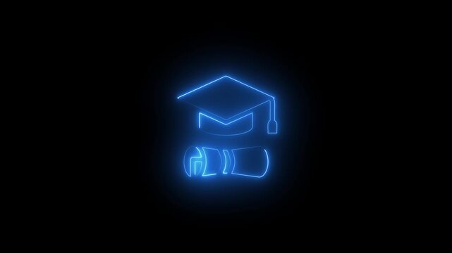 blue neon graduation cap and scroll icon animation 4k video on black background