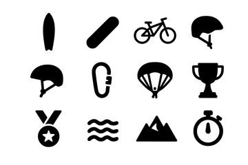 Adventure Sports Icons. Adventure Sports. Solid icon set of Adventure Sports: surfboard, snowboard, skateboard, mountain bike, helmet, climbing rope,