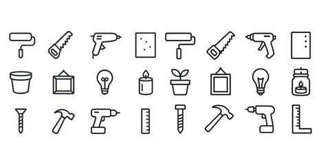 Diy tool icons: brushes, saws, drills, bulbs, and more