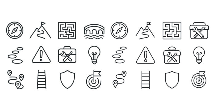 Adventure and navigation icons: compasses, maps, tools, and more