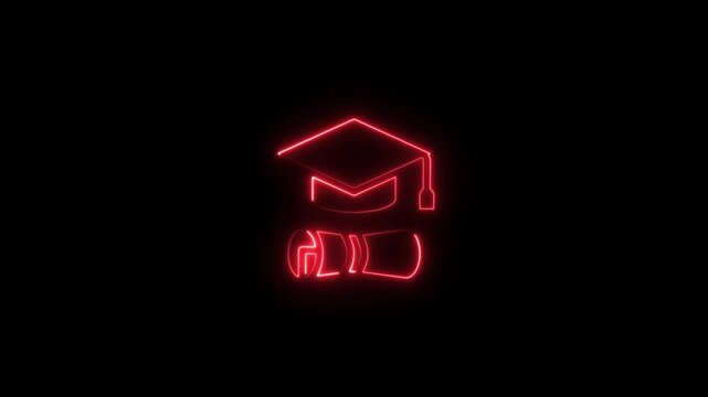 Red neon graduation cap and scroll icon animation 4k video on black background