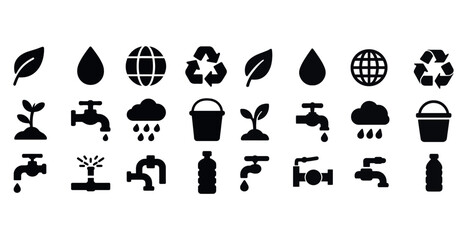 Fototapeta premium Eco and water conservation icons: recycling, plants, faucets, sustainability symbols