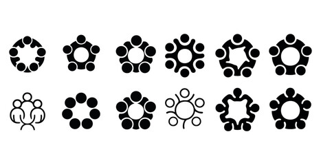 Diverse group and teamwork icons set featuring circle patterns and human figures