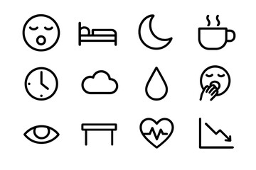 Fatigue Icons Collection. Fatigue. Line icon set of Fatigue: tired face, bed, moon, coffee cup, clock, cloud, droplet, yawn, eye half closed, desk, heart