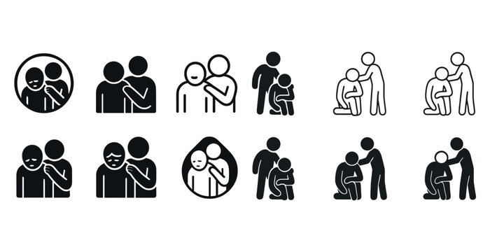 Stick figure icons of empathy and support in various scenarios