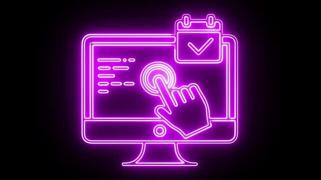 Neon Glowing Online Booking Icon With Monitor, Hand Pointer and Calendar 4k Loop Animation.