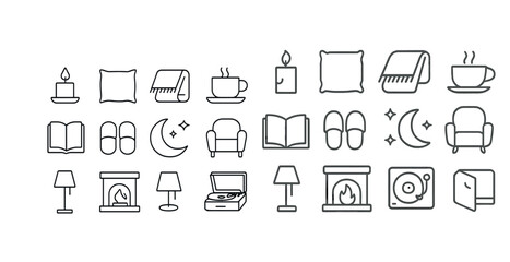 Fototapeta premium Cozy home icons set: candle, blanket, cup, book, lamp, fireplace, record player, armchair