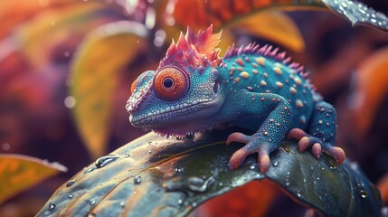 Colorful lizard resting on a leaf in a vibrant rainforest environment during the early morning