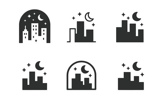 Nightlife Logos Collection. Nightlife. Icon set. Set Logo of Nightlife: City skyline at night. harmonious logo variations of the same emblematic concept, each