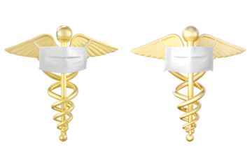 Two Golden Caduceus Symbols Wearing Face Masks graphic isolated on a transparent background