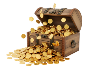 A wooden treasure chest overflowing with gold coins, transparent background