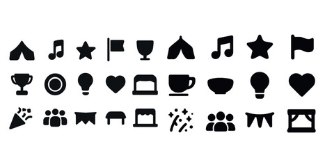 Collection of festival and celebration icons including music, awards, and decorations
