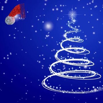 Tarjeta de felicitaci&oacute;n navide&ntilde;a y de pr&oacute;spero A&ntilde;o Nuevo vintage y de un vibrante azul marino con animaci&oacute;n de gorro de Pap&aacute; Noel, &aacute;rbol de Navidad y nieve
