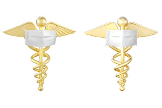 Two Golden Caduceus Symbols Wearing Face Masks graphic isolated on a transparent background