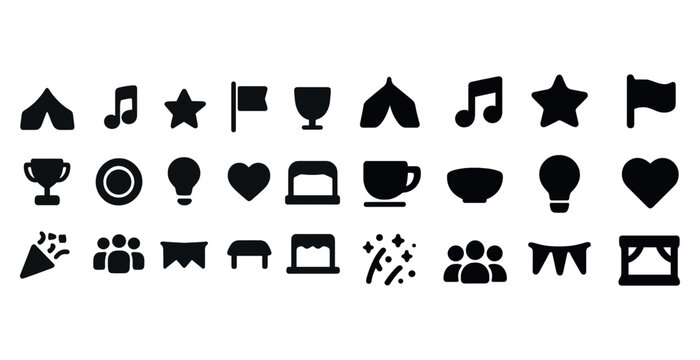 Collection of festival and celebration icons including music, awards, and decorations