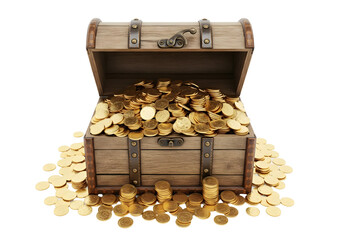 Open wooden treasure chest overflowing with gold coins, transparent background