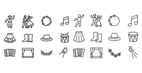 Line icons of folk dance elements and musical instruments