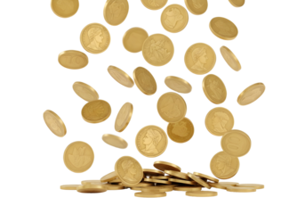 Falling gold coins isolated on transparent background. 3D rain of money, jackpot concept