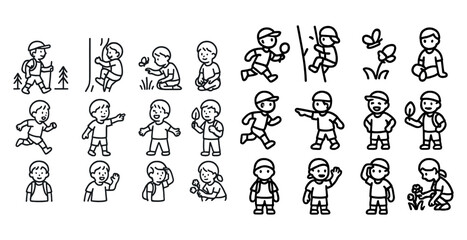 Cartoon outdoor activities: children exploring nature through playful adventures