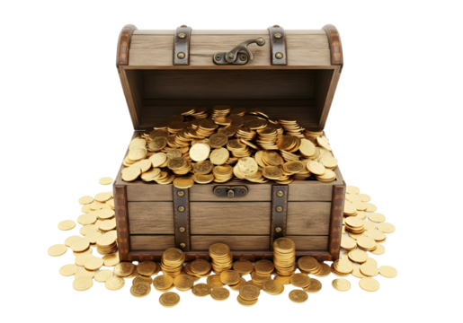 Open wooden treasure chest overflowing with gold coins, transparent background