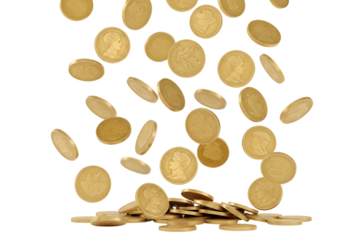 Falling gold coins isolated on transparent background. 3D rain of money, jackpot concept