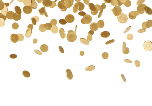 Falling gold coins isolated on transparent background. 3D rain of money, jackpot concept