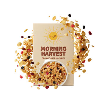 Breakfast cereal with oats and berries in a dynamic composition, transparent background