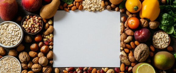 A flat-lay sheet is surrounded by a variety of healthy foods including fruits, nuts, and grains. This setup is perfect for promoting diet management and healthy living