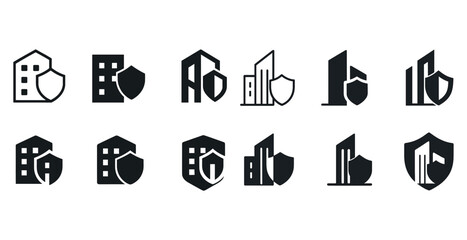 Building security icons set: shielded structures in various architectural styles