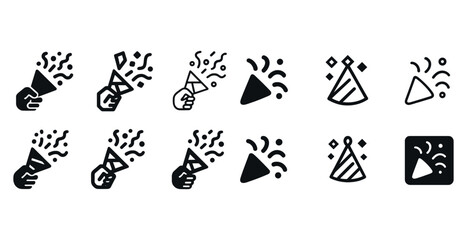 Celebration icons set: megaphone, party hat, confetti designs in black and white