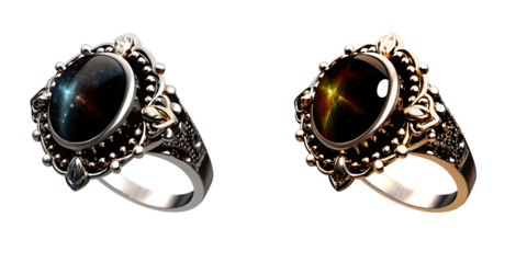 Two ornate rings with cosmic and starburst gemstones in silver and gold jewelry galaxy isolated on a transparent background