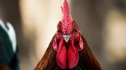 Close-up portrait of a majestic rooster with vibrant red comb and wattle, showing intense eyes and detailed feathers